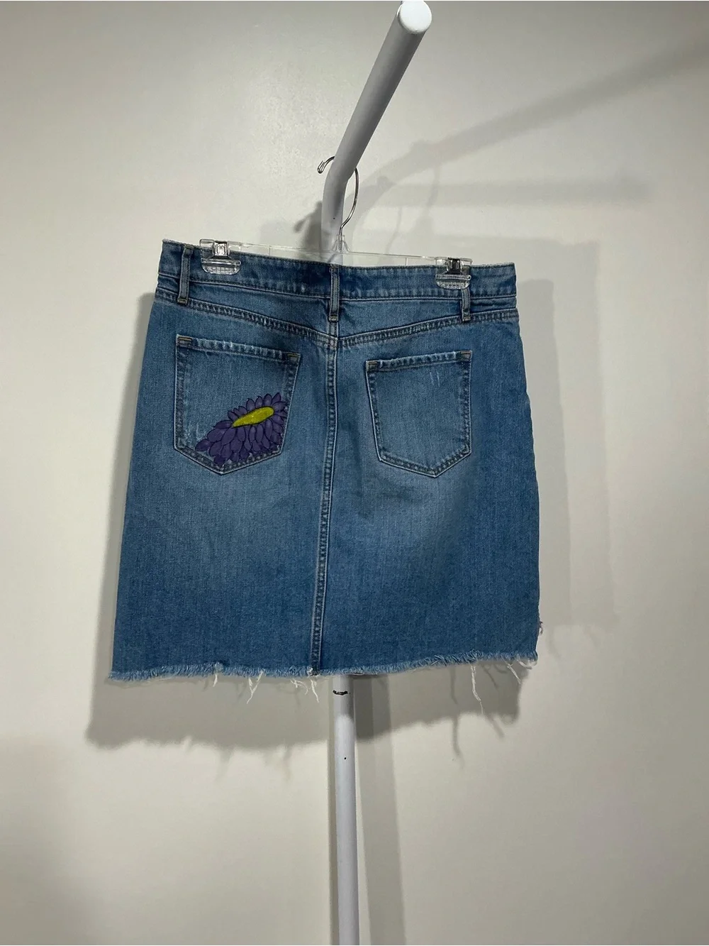 UPCYCLED LOFT Denim Mini Skirt with HANDPAINTED Purple & Yellow Floral Border